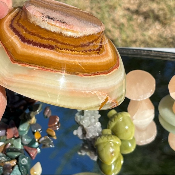 Banded Green Onyx Bowl, Selenite Mushrooms, Grape Agate, Ocean Jasper Chips - Picture 5 of 16